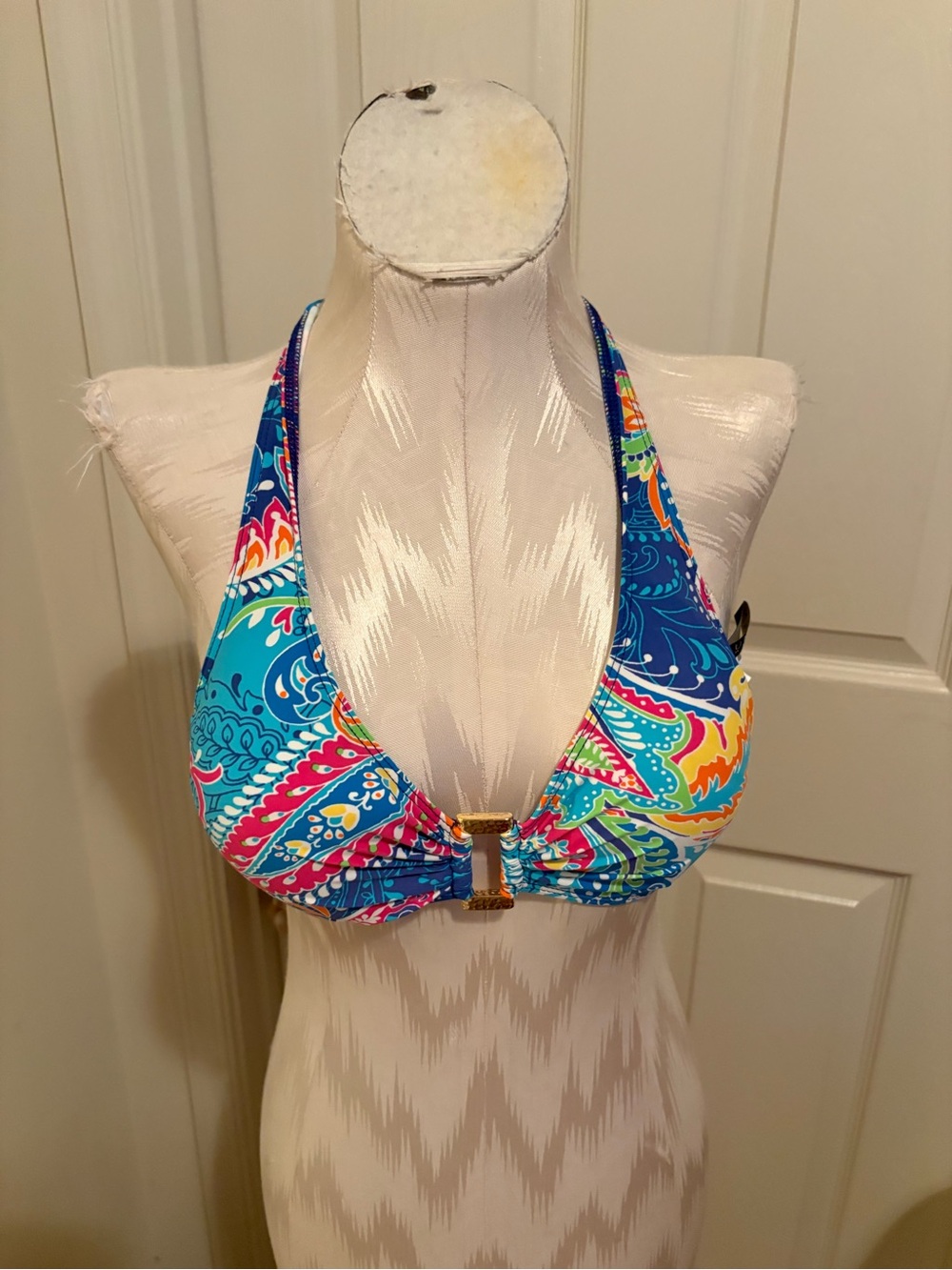 Lauren Ralph Lauren Turquoise Multi Paisley Halter Bikini Top size 8